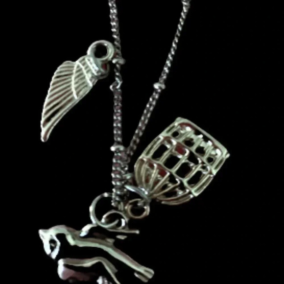 Silvertoned Necklace with multicharm(cage, bird and wing charms) pendant - Picture 6 of 9